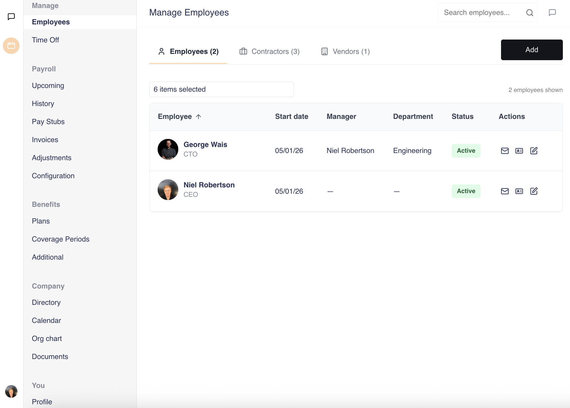 Winslow admin screen showing Manage Employees